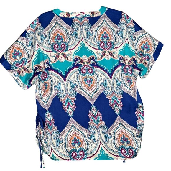 Chicos Boho Peasant Blouse Top Chicos 2/L/12 Paisley Chic Cap Sleeve Side Cinch - Picture 4 of 10